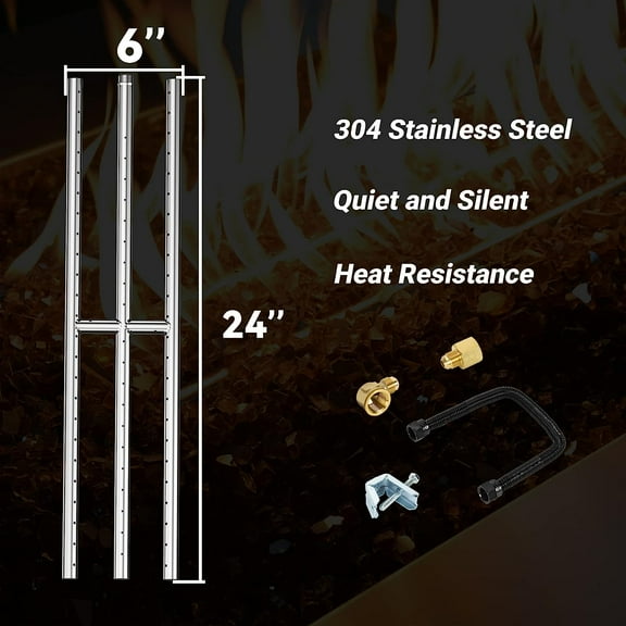 24" x 6" Rectangular Gas Fire Pit and Fireplace H-Burner with 3 Pipes - 304 Stainless Steel - for Indoor & Outdoor Use