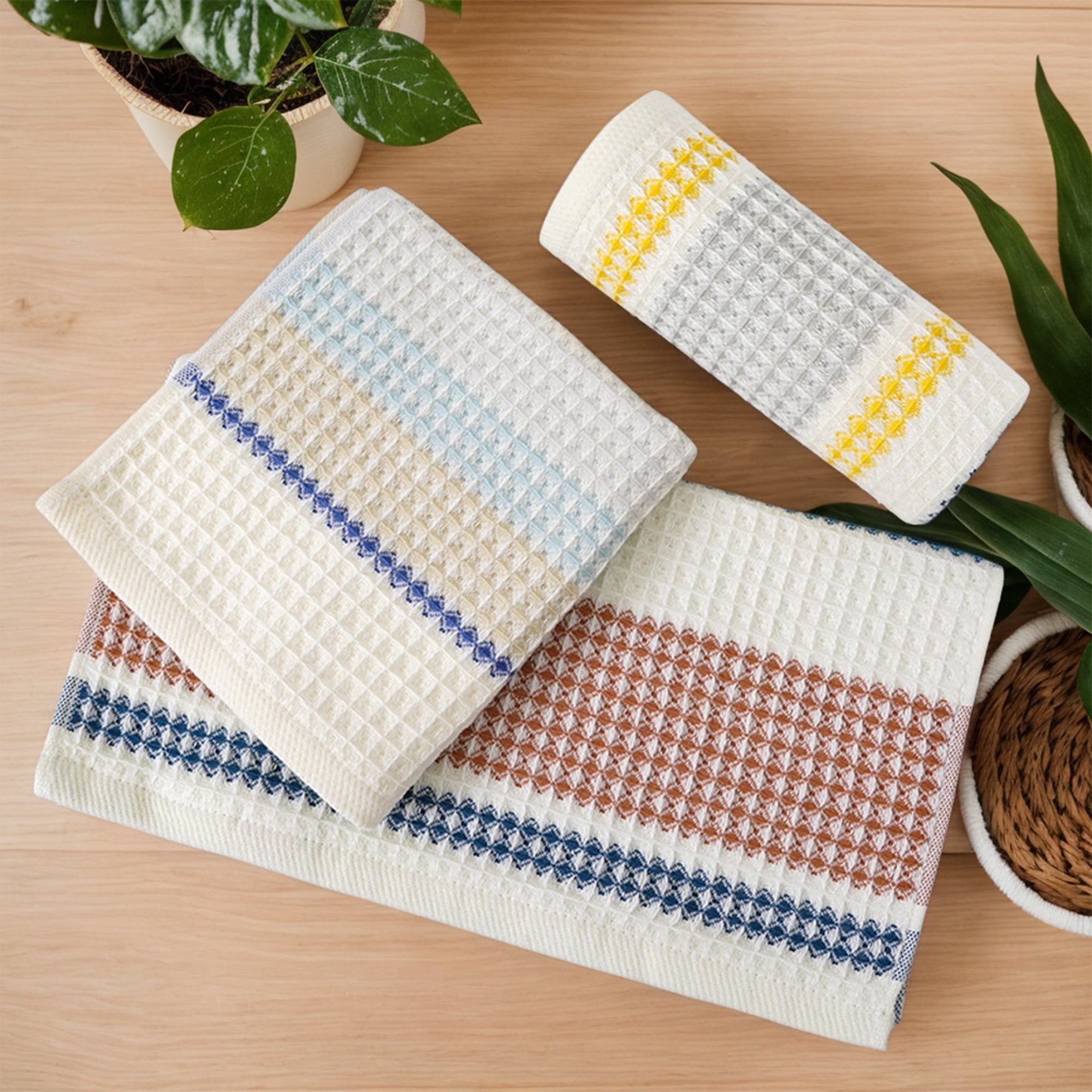 REGALWOVEN Waffle Striped Hand Towels for Bathroom, Soft Absorbent Cotton Decorative Hand Towel Set (13 x 29 Inch) Blue Yellow 2-Piece