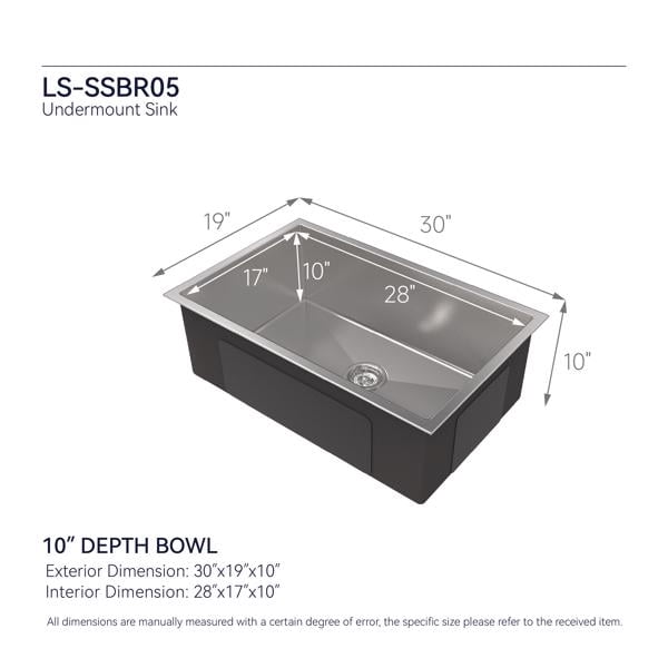 Stainless Steel Kitchen Sink, 30″x19″ Drop In Single Bowl, Undermount Handmade Sink in Brushed Nickel, with US Standard Drain and Hook