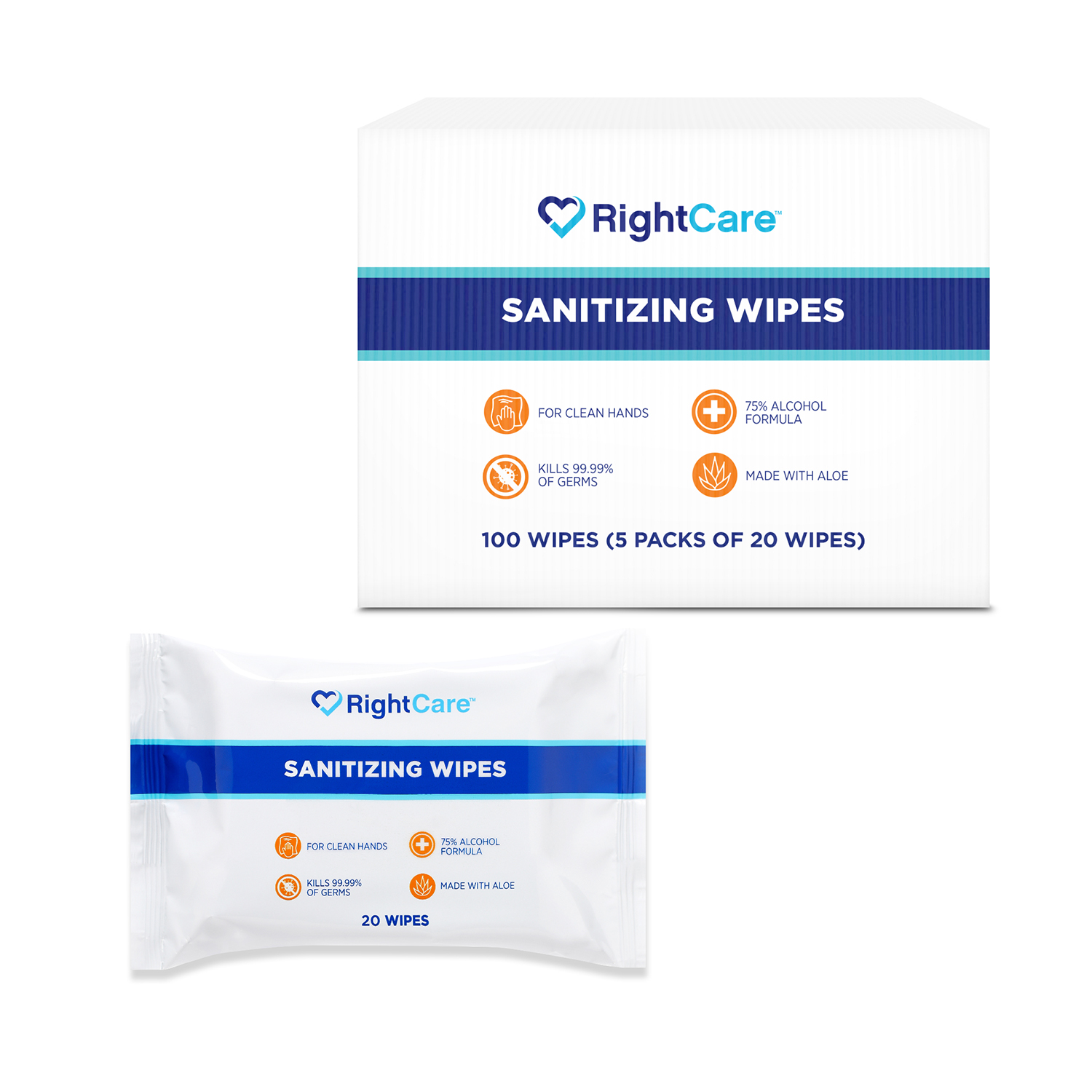 RightCare 75 Alcohol Hand Sanitizing Wipes with Aloe ReSealable 20ct