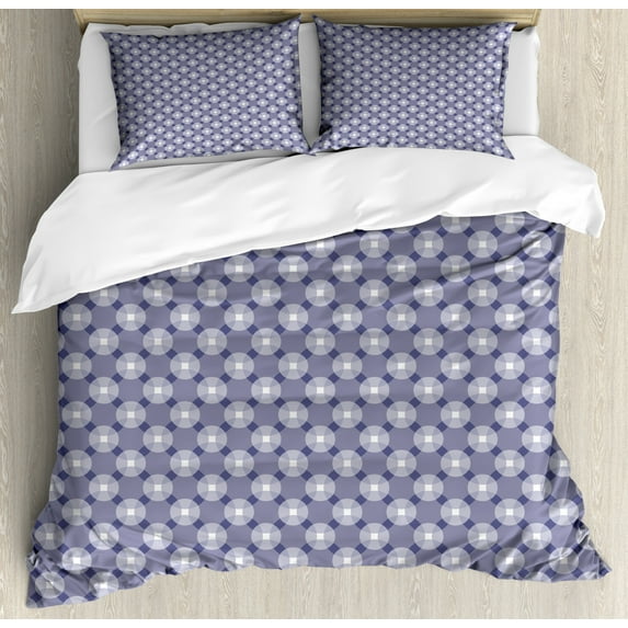 Abstract Duvet Cover Set, Intertwined Polka Dots Inspired Motifs Pastel Lilac Tones Pattern, Decorative 3 Piece Bedding Set with 2 Pillow Shams, King Size, Indigo Purpleblue, by Ambesonne