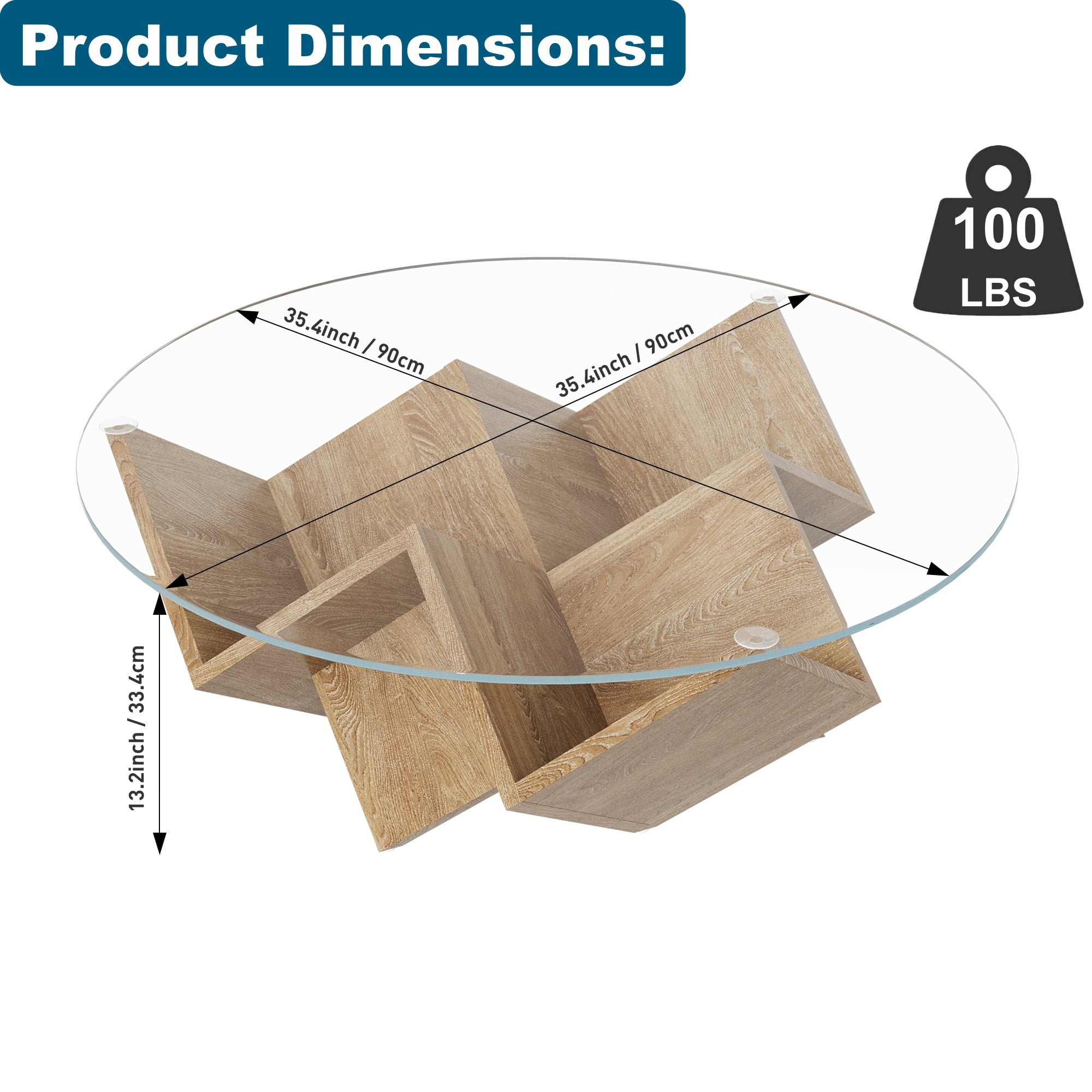 35.4" Round Coffee Table with Tempered Glass Top, Geometric Design Accent End Table with Abstract Art Deco Storage Shelves Base