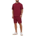 thumbnail image 5 of INSPIRE CHIC Men's Casual Texture Crew Neck Solid Shirt Top and Shorts 2 Piece Outfits M Burgundy, 5 of 6