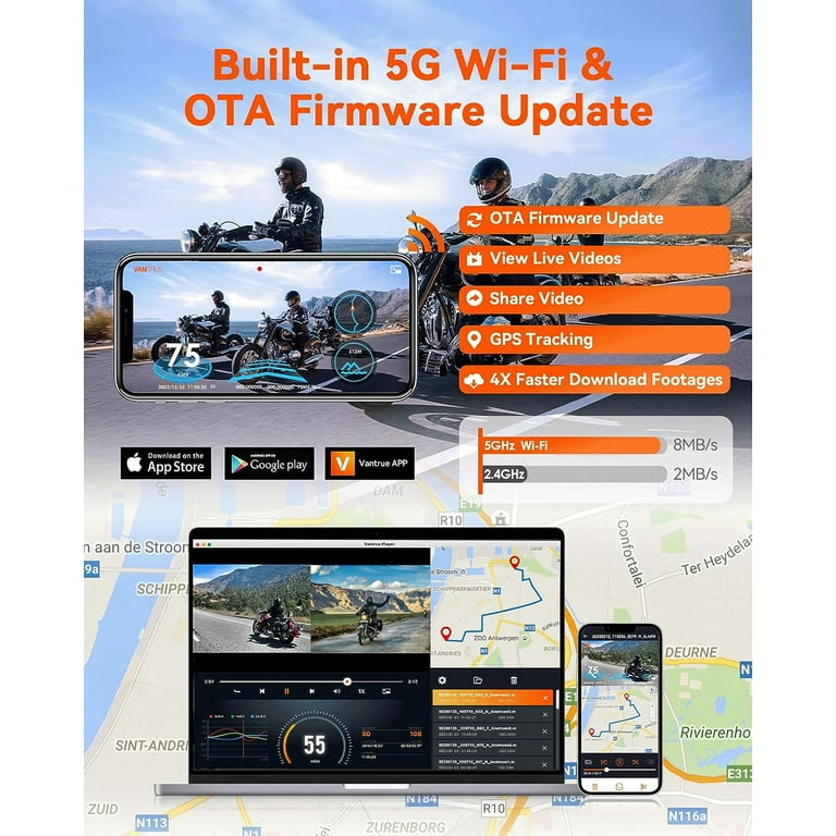 VANTRUE F1 4K+1080P Telecamera Moto Impermeabile IP67, 5GHz WiFi GPS Dash Cam Moto, Avvisi Vocali, 24H Rilevamento Collisione,Statistiche Chilometriche,WDR & HDR & APP, 300° Max 512G : Amazon.it: Elettronica