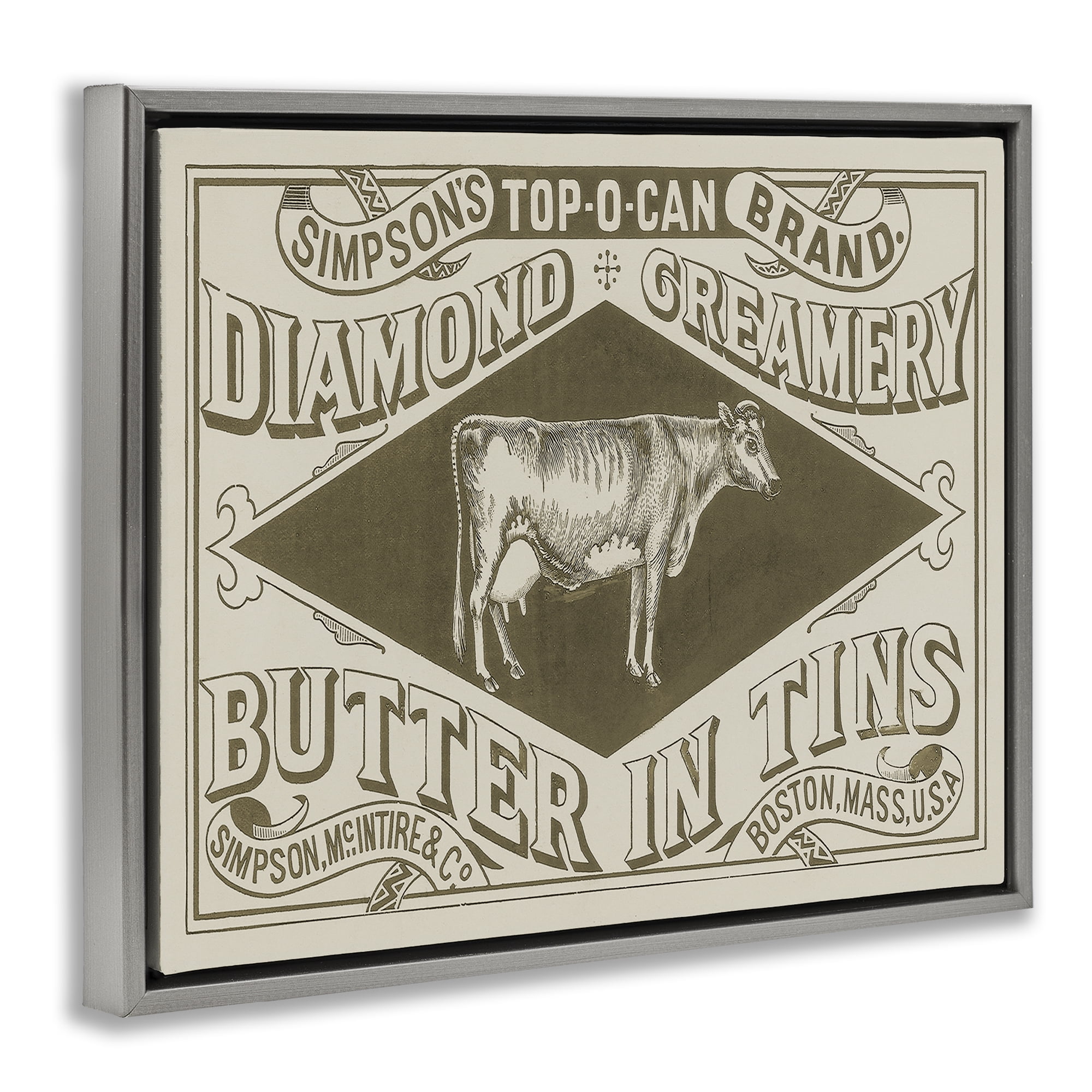 Stupell Industries Vintage Creamery Advertisement Food & Beverage Painting Gray Floater Framed Canvas Art Print Wall Art, 21 x 17