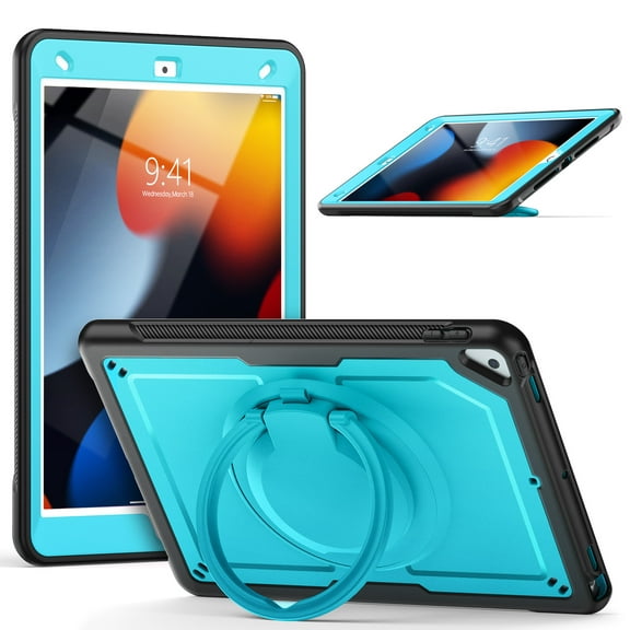 Shockproof Case for Apple iPad 9th 8th 7th Gen 10.2 Inch, Hybrid Protective Cover with Pencil Holder & Shoulder Strap Kids Friendly Rotating Kickstand Case for iPad 10.2" 2021/2020/2019,Lightblue