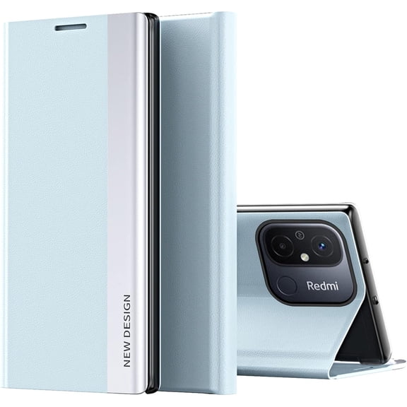 Thin Slim Flip Case for Xiaomi Redmi 12C with Kickstand, Full Body Protective PU Leather Cover Business Phone Cases for Xiaomi Redmi 11A/Redmi 12C CX Light Blue