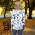 thumbnail image 4 of WTOBBY Women's V-Neck T-Shirt with Floral Print, Button Detail, and 3/4 Sleeve, Casual Weekend Fashion for Spring Fall Season, Daily Use, and Outings,Blue 3XL, 4 of 6