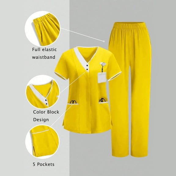 HOMBOM Womens Yellow Scrubs Set Short Sleeve V Neck Scrub Top and Pant Working Uniforms for Women Modern
