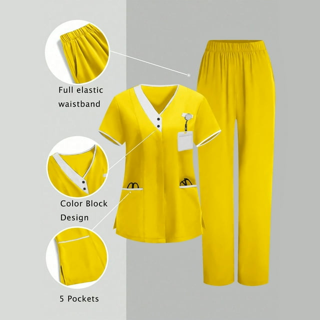 Yourumao Womens Scrubs Sets Two Piece Basic Short Sleeve V Neck Scurb Tops and Straight Leg Pants Solid Uniform Outfits with Pocket