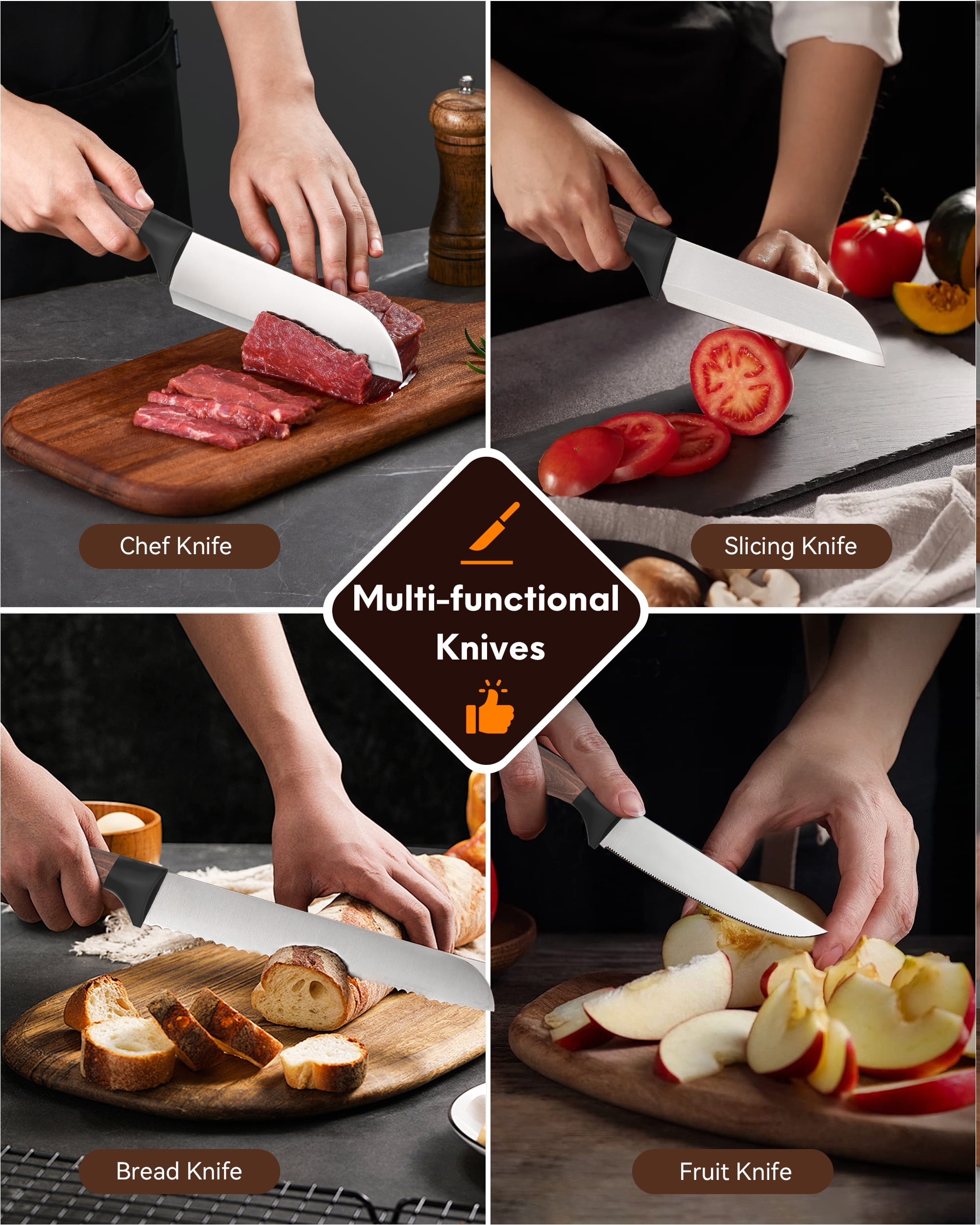 Younghome Knife Set for Kitchen Chef , 13 Pcs High Carbon Stainless Steel Sharp Knife Set with Block Built-in Sharpener,Ergonomic Handle
