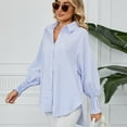 thumbnail image 3 of Defitshape Women's Long Sleeve Shirt Soft Stripe Blouse Top Boyfriend Work Bishop Sleeve Button Down Shirts Blue XX-Large, 3 of 4