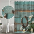 thumbnail image 4 of Polyester Fabric Daisy Flower Shower Curtain, Vintage Horseshoes Farmhouse Wooden Grain Teal Waterproof Bathtub Curtain Bathroom Decor Set with Hooks 36 x 72 Inches, 4 of 6