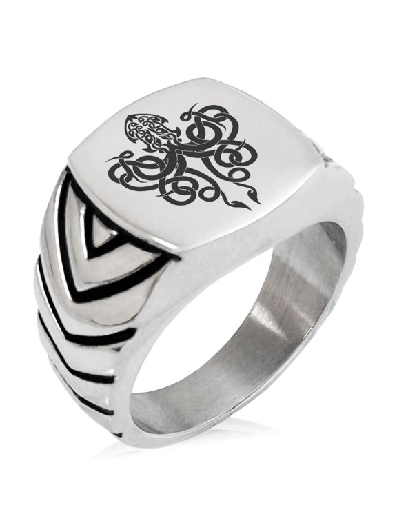 Stainless Steel Tribal Kraken Chevron Pattern Biker Style Polished Ring