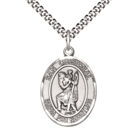 Mens 1 x 3/4" Oval Pewter San Cristobal Medal Pendant on 24" Rhodium Plated Heavy Curb Brass Chain with Lobster Claw clasp, Catholic Religious Necklace -Made in USA- Deluxe Velvet Gift Box