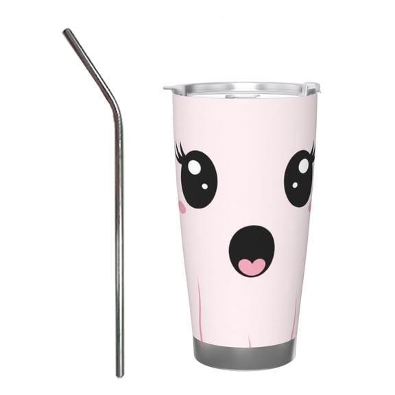 20oz Kawaii Pink Cat Face Car Tumbler Insulated Travel Cup with Handle and Straw Lid Cute Gift with Stainless Steel Straw
