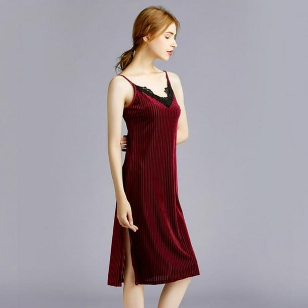 Ladies Sexy Thick Warm Velvet Night Dress Sleeveless Nighties Lace V neck Nightwear For Women Nightgown Wine Red XL