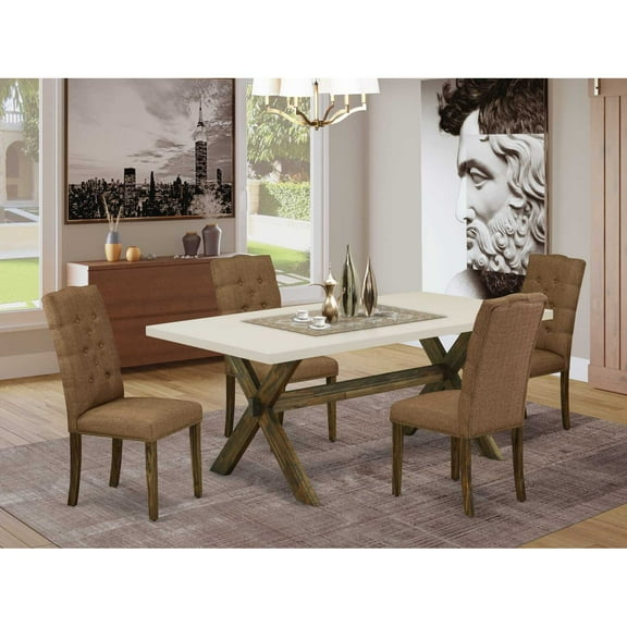 East West Furniture 5-Pc Rectangular Dining Table Set Included 4 Dining chairs Upholstered Seat and High Button Tufted Chair Back and Rectangular Mid Century Dining Table with Linen White Dinette...