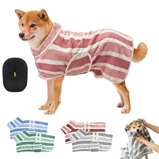 Quick-Drying Dog Bathrobe,Striped Super Absorbent Quick-Drying Pet Dog Robe with Adjustable Belly Band,Super Soft Full Wrap Dog Towel for Puppies/Medium to Large Dogs After Bath