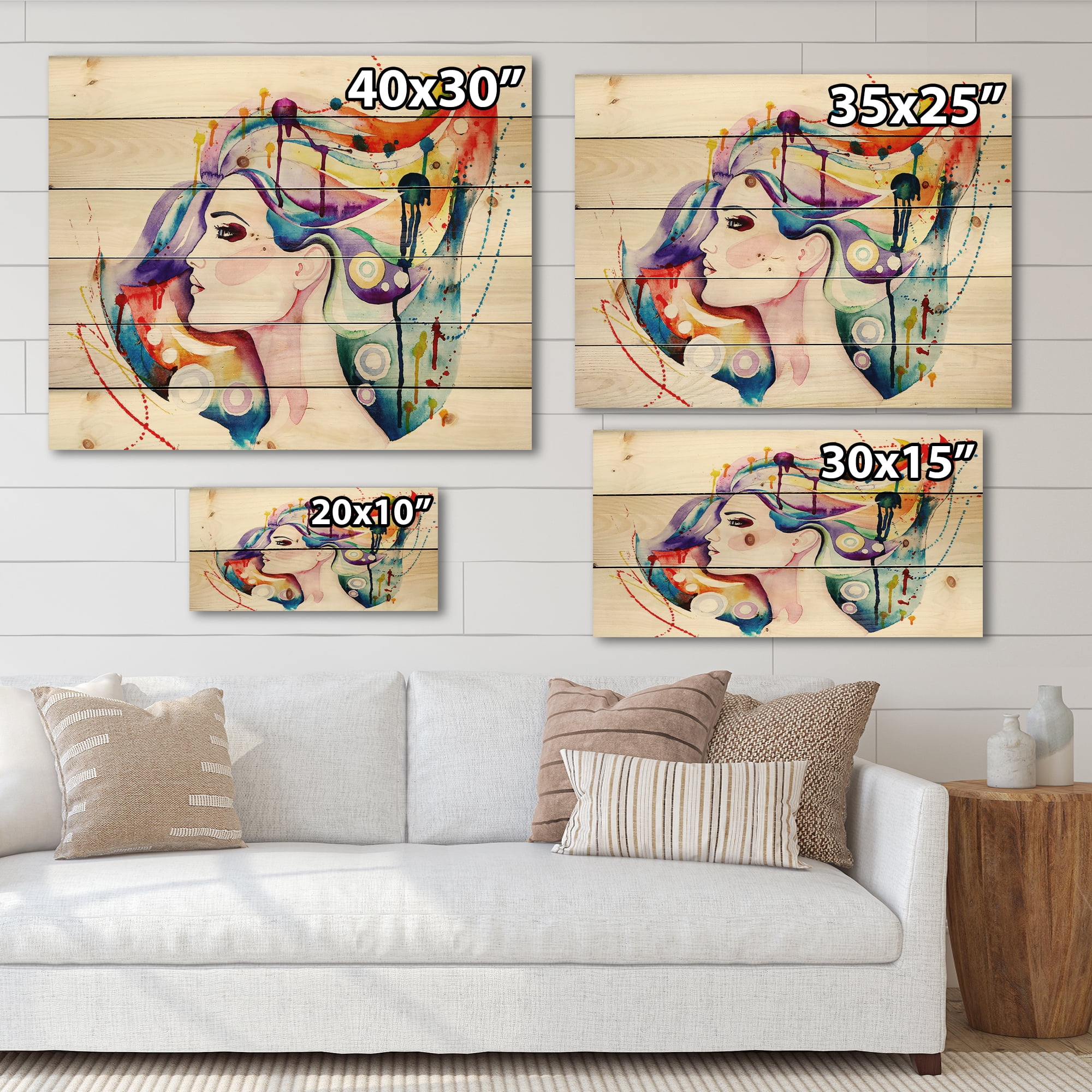 Designart 'Beautiful Young Woman With Colorful Hair' Traditional Print on Natural Pine Wood