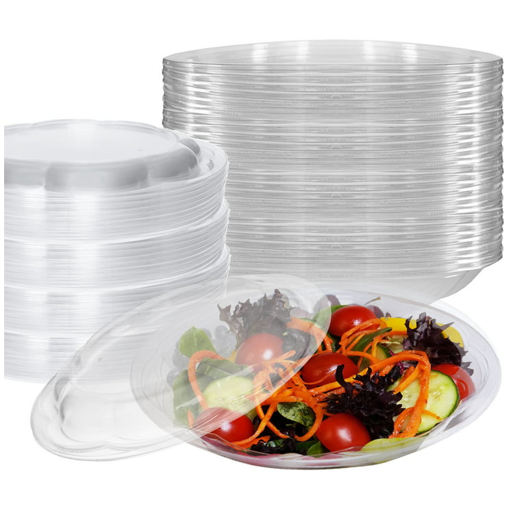 50 Pack Salad Container for Lunch Disposable Salad Bowls with Lids - 48 oz Clear Plastic Bowls with Lids to Go - Airtight Leak Resistant Round Meal