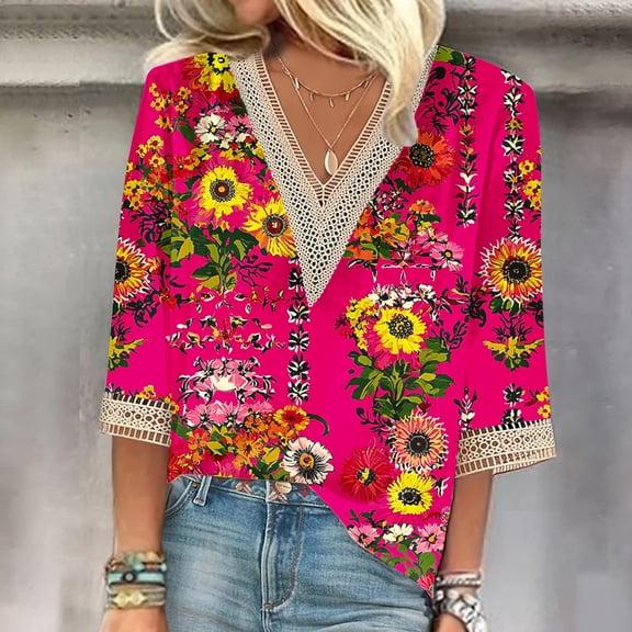 Jsaierl 3/4 Sleeve Tops for Women Plus Size V Neck Lace Shirts Boho Print Petite Blouses Work Dressy T-shirts Top S-3XL