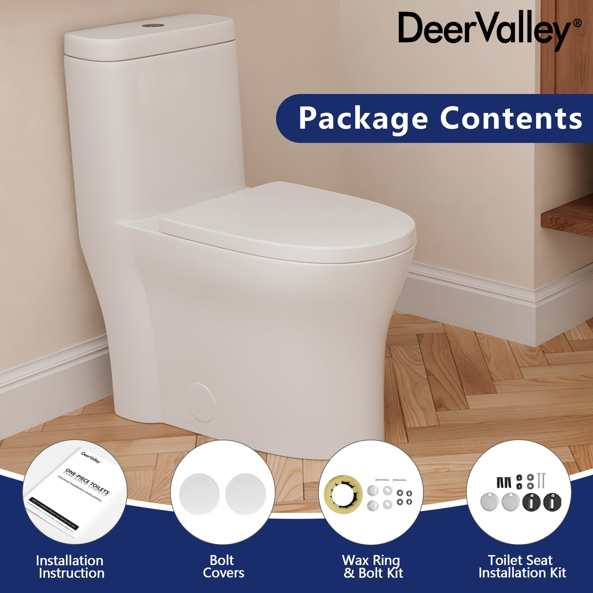 DV-1F0197 One Piece Toilet Modern Toilet, Fully Skirted Dual Flush Bathroom Toilets Standard Size White Toilet (Seat Included)