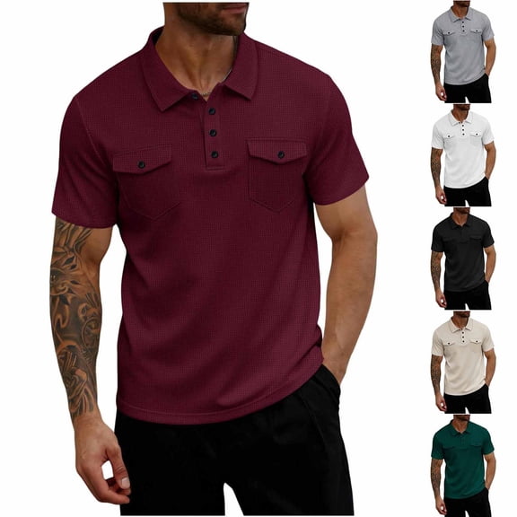 WIZUTIZ Mens Work Henley Shirts 2026 Short Sleeve Casual Slim Fit Button Up Waffle Golf Shirts with Pockets Tennis T Shirts