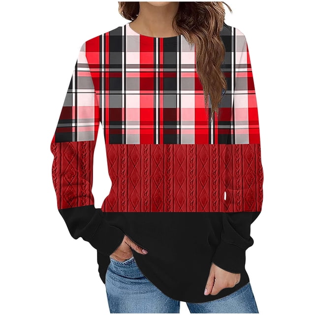 KIHOUT Chandails en Molleton de Mode pour Femmes, Manches Longues Décontractées à Carreaux Patchwork Col Rond Ample Blouse Chandail Tops, Taille P-2TG