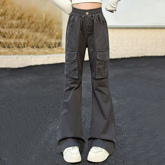 Gamivast Cargo Pants for Girls Size 5-15 Loose Fitted Straight Leg Flared Pants with Multiple Pockets for Kids Teen Outdoor Elastic Waist Pull on Sweatpants Girls' Sports & Recreation Pants