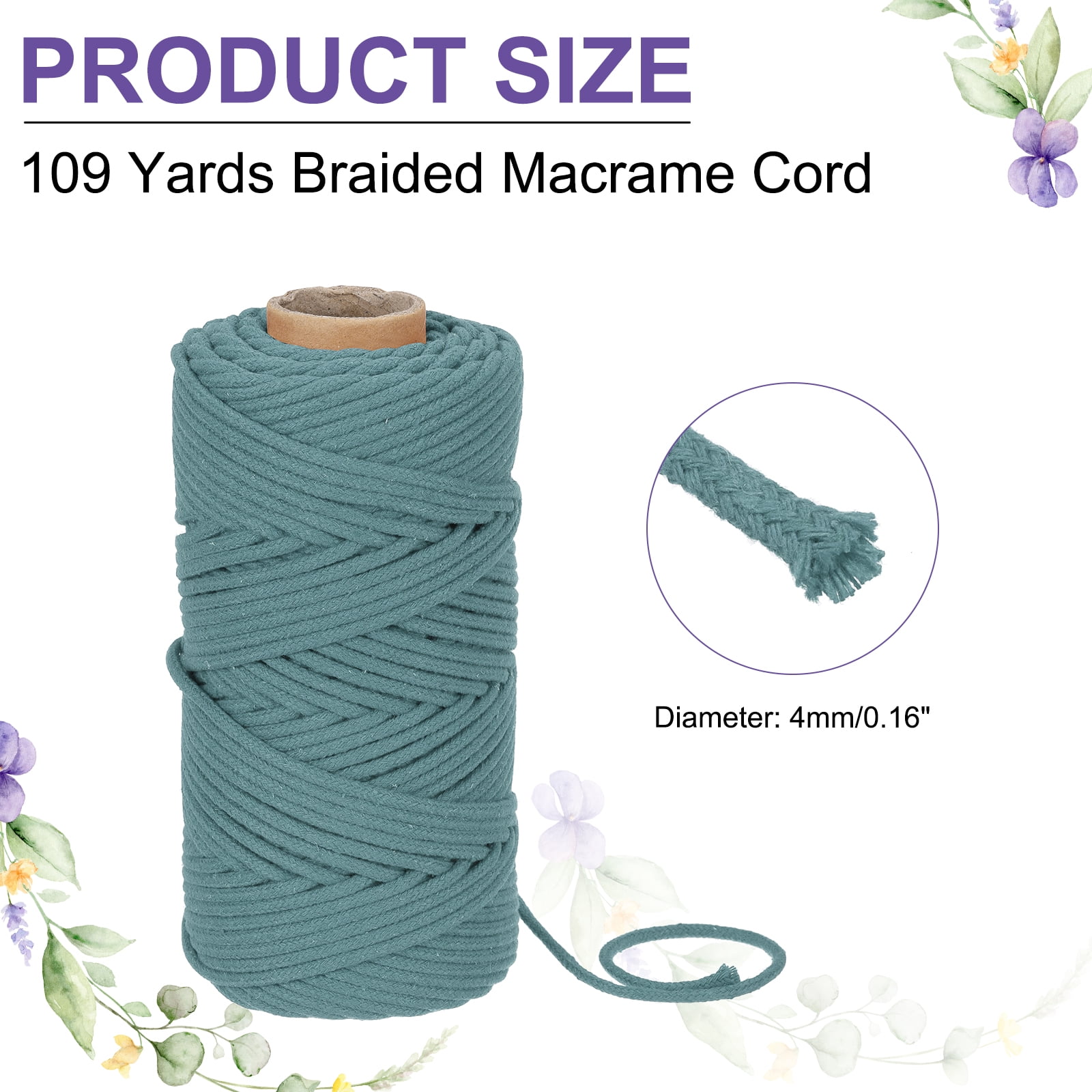 Braided Macrame Cord, 4mm x 109 Yards Natural Cotton Rope Macrame Yarn Bohemia Craft String with Scissors(Azure)