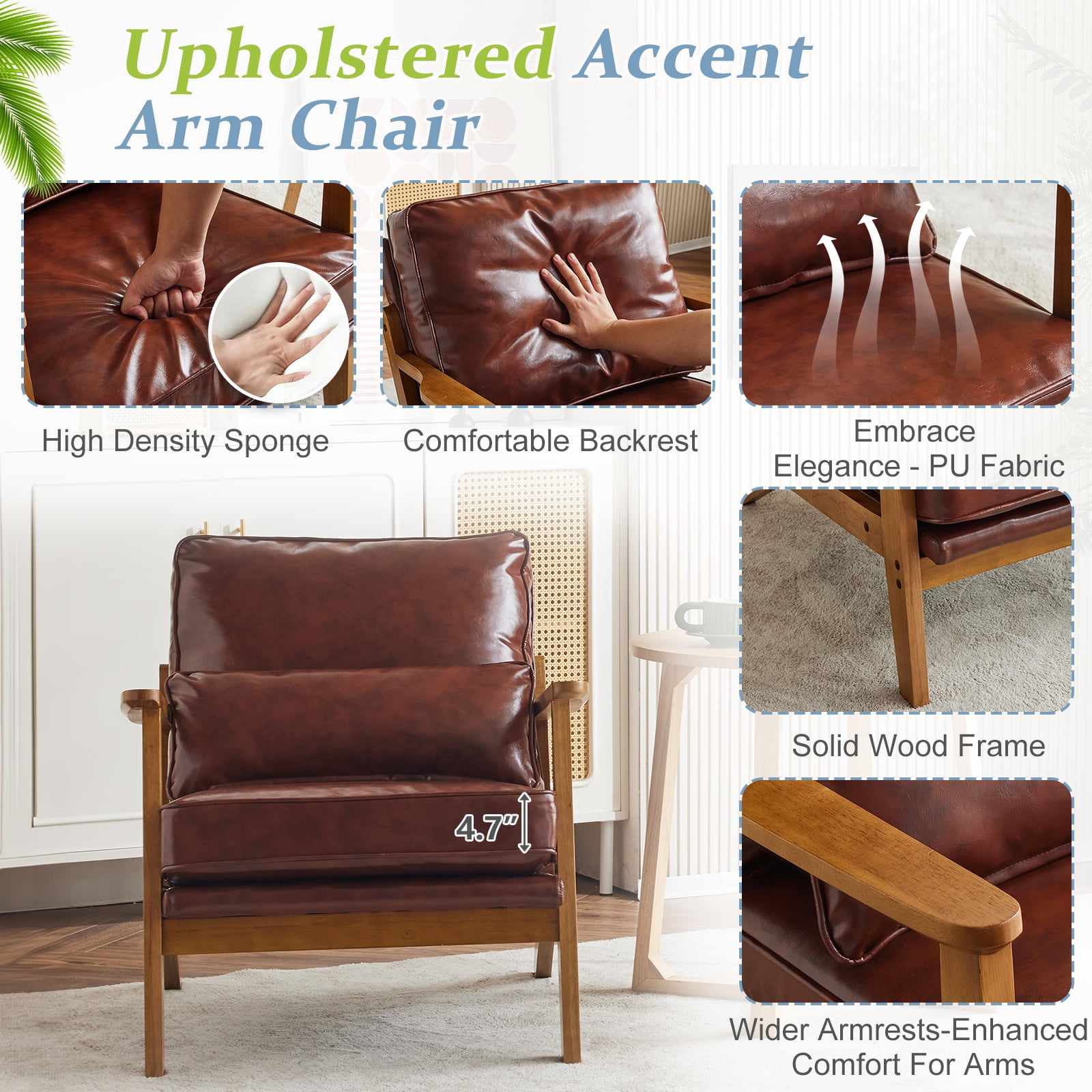 Ktaxon Accent Chair PU Upholstered Armchair, Reading Club Chair with Pillow for Living Room Bedroom Furniture Brown