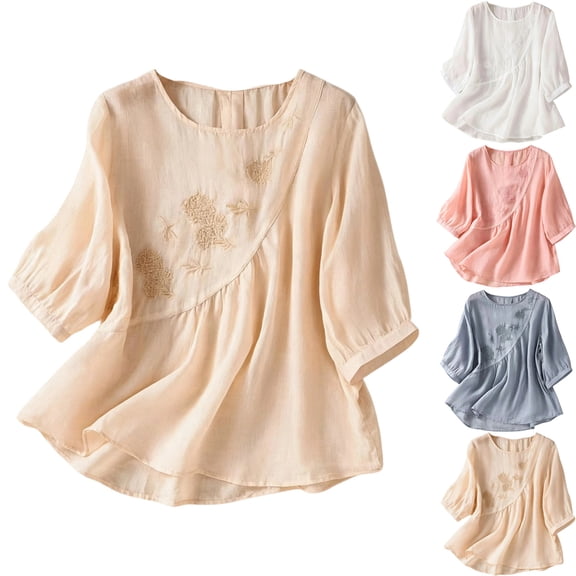 Danhjin Linen Tops for Women Embroidered 3/4 Sleeve Crew Neck Thin Pullover Shirts Lightweight Casual Comfy Loose Fashion Going out Blouses