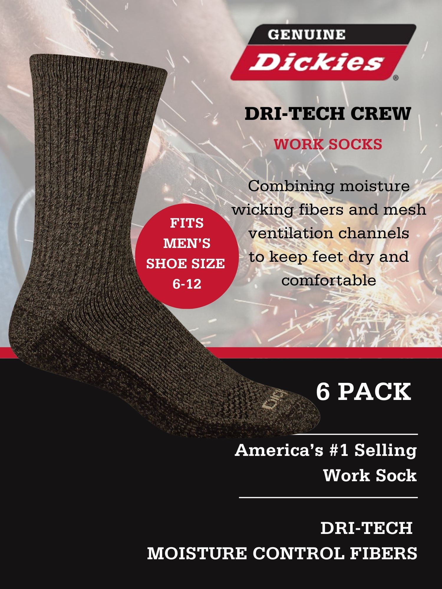 (2 pack) Genuine Dickies Men's Dri-Tech Crew Socks, 6-Pack