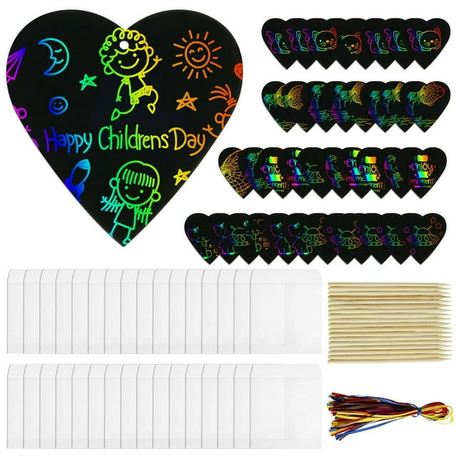 MesaSe Scratch Art Set Heart Shape Colorful Scratch Paper Ink-Free Scratch Card with Ribbons Envelope Bags Pens DIY Art Craft Supplies Valentines Day Gift for Kids Teenagers Adults