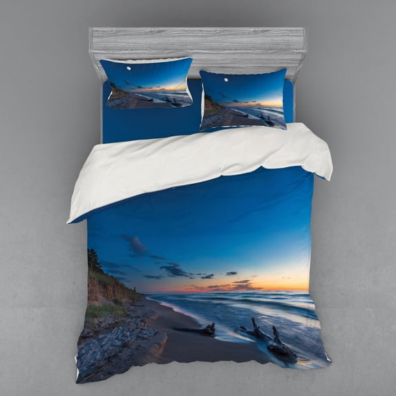 Ambesonne Nature Bedding Set 4 Pcs, Moon in Sky Lake, Queen, Blue and Apricot