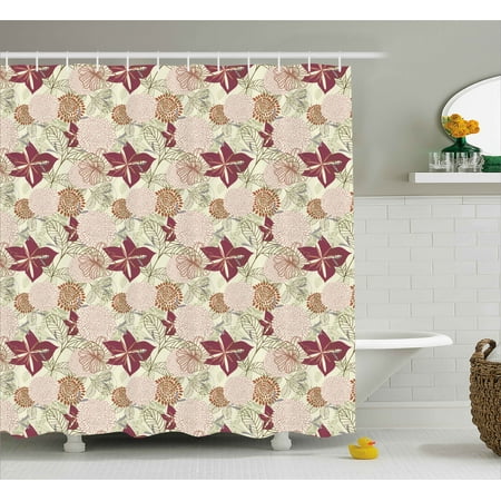 Contemporary Floral Fabric - Flower Shower Curtain, Modern Contemporary Purple Pink Based Sketchy Orchids Florals Leaves Buds Art Print, Fabric Bathroom Set with Hooks, 69W X 70L Inches, Multicolor, by Ambesonne