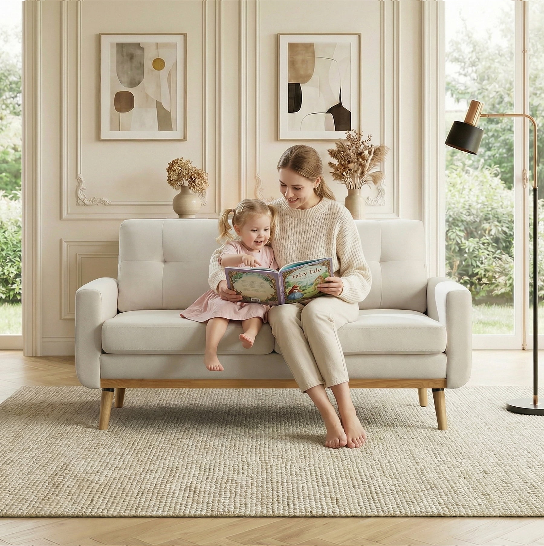 Ebello 2-Seater Sofa with Detachable Back Cushion, Fabric Upholstered Loveseat with Soft Seat Cushion for Living Room, Apartment, Office – 3 Colors (Beige)