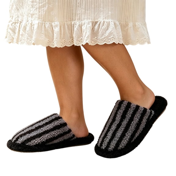 Iyufng Womens Striped Fuzzy Plush Close Toe Slippers Soft Warm Cozy Slip on Indoor House Slides