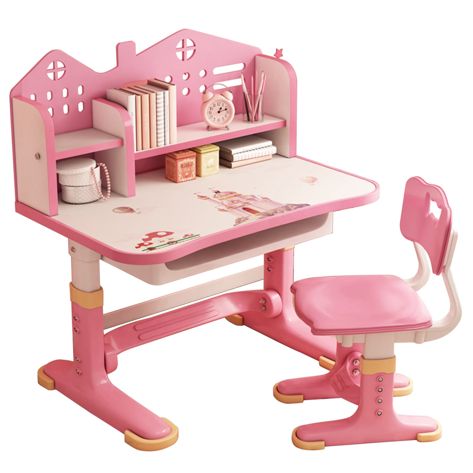 AQMD Kids Desk and Chair Set, Kids Functional Desk and Chair Set for Kids 6-12, Height Adjustable Children Study Desk, Suitable Gift for Girls Boys (Pink)