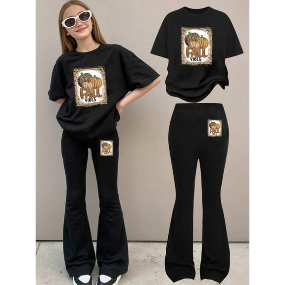 Pumpkin Leopard Print Fall Vibes Thanksgiving Girls Women T-Shirt, Girls T-shirt & Flare Pants Set,Trendy Casual 2 Piece Outfit
