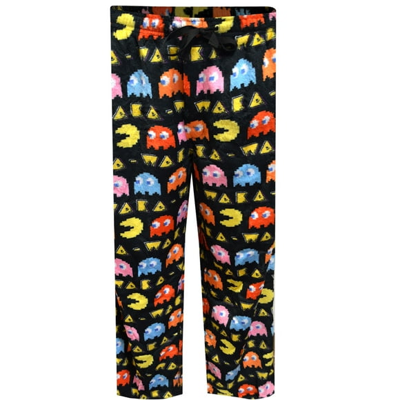 MJC Mens Pacman Waka Waka Chasing Ghosts Black Plush Lounge Pants (X-Large)