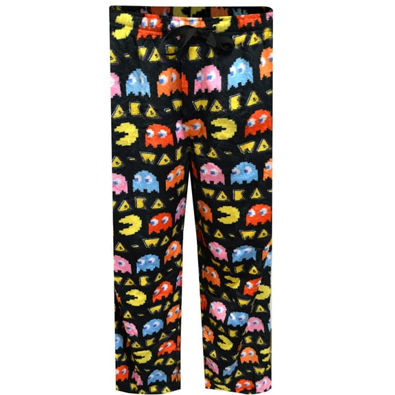 MJC Mens Pacman Waka Waka Chasing Ghosts Black Plush Lounge Pants (Medium)