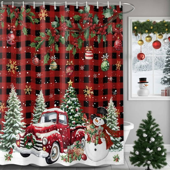 Christmas Shower Curtain Snowman Truck Shower Curtains for Bathroom Winter Holiday Xmas Decor, Waterproof Polyester Shower Curtain Set with Hooks, Extra Long 72" x 84" Christmas Tree Balls Red Plaid