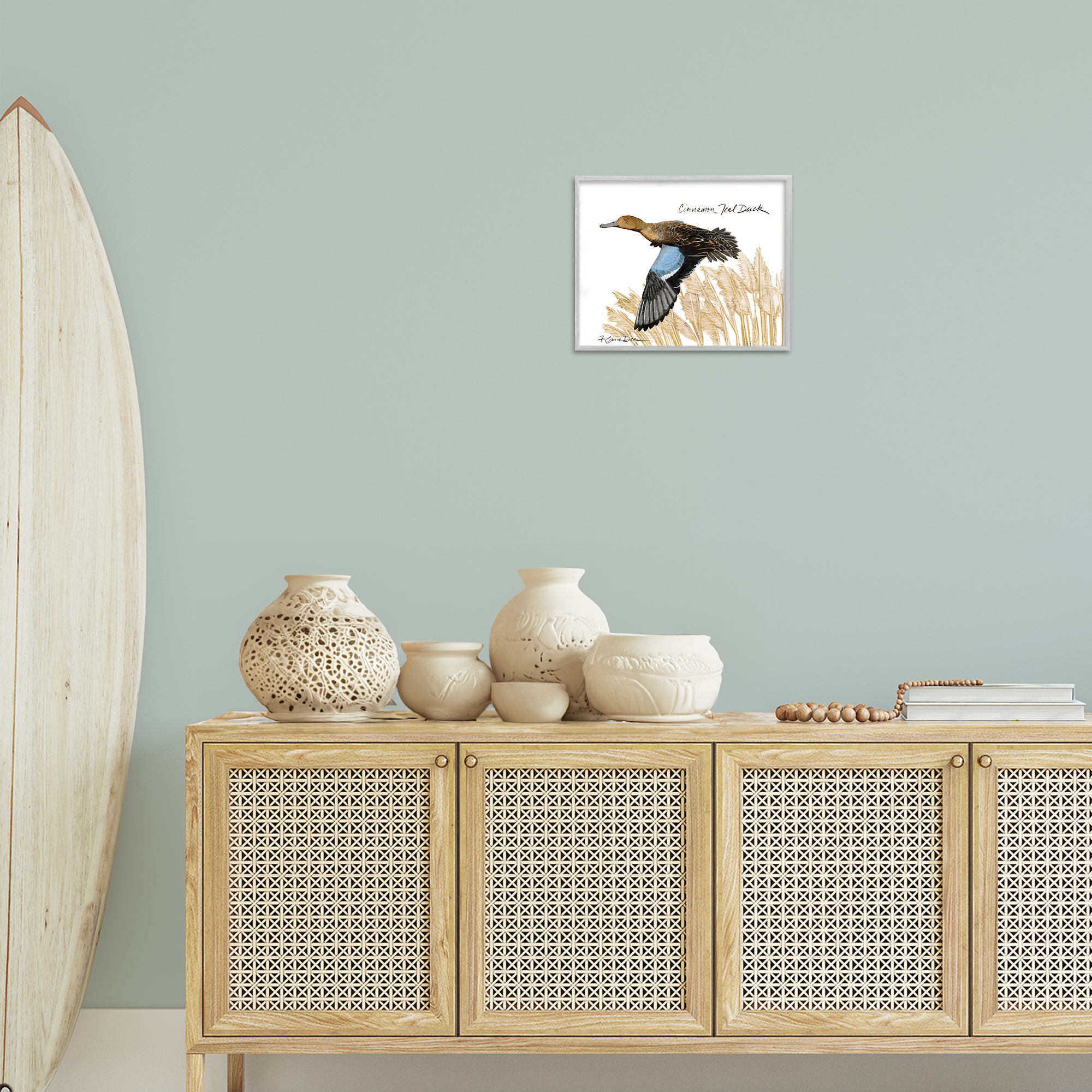 Stupell Industries Cinnamon Teal Duck Flying Animals & Insects Painting Gray Framed Art Print Wall Art, 14 x 11