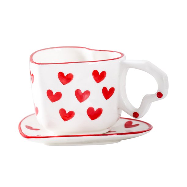 Taza de café de cerámica con forma de corazón y platillo, juego de tazas de porcelana para capuchino, leche, agua, café, café con leche, té