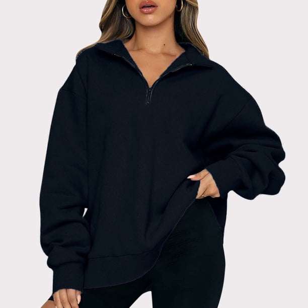 Puntoco Blusa de manga larga con solapa y cremallera de color sólido para mujer Puntoco Puntoco-4824