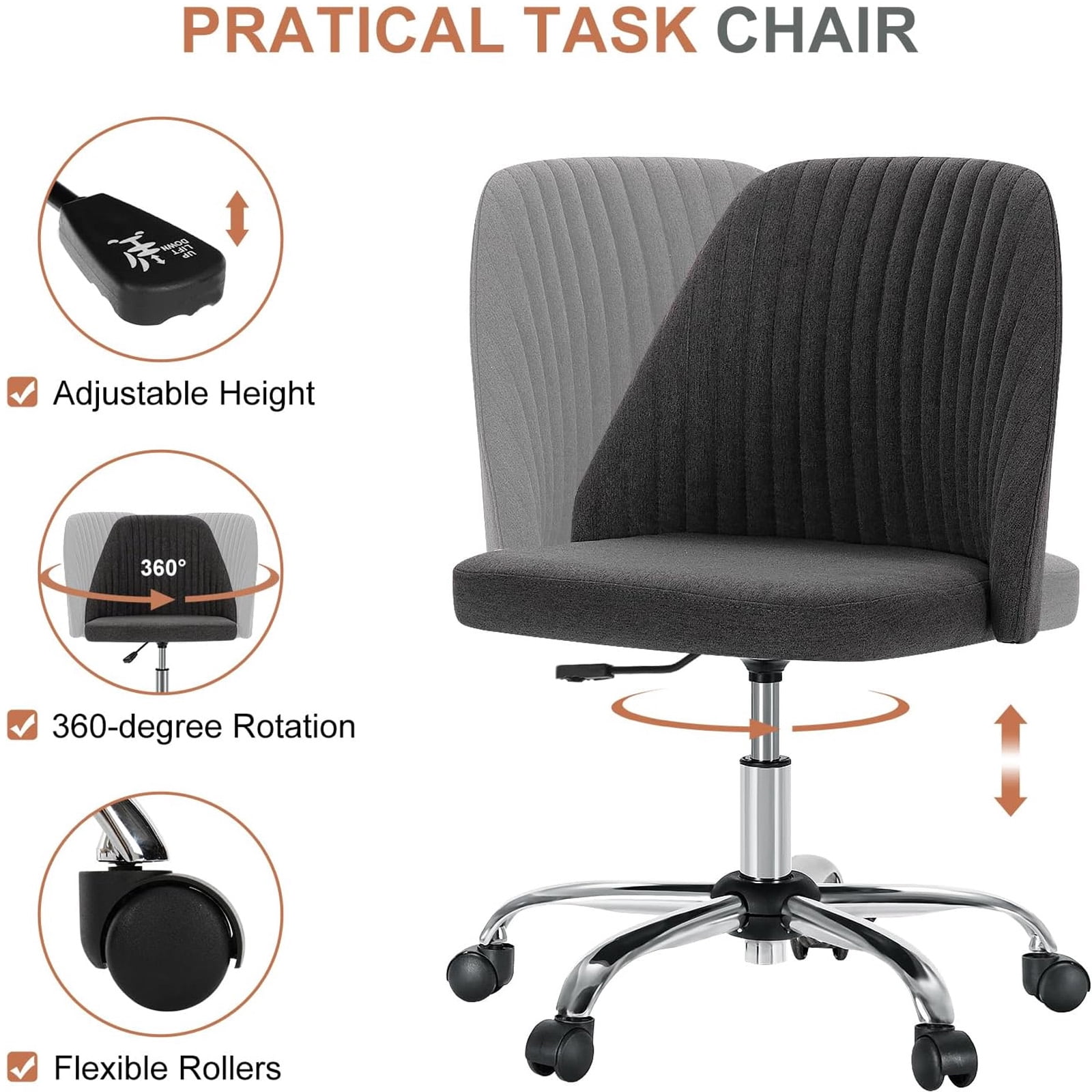 Casabay Armless Office Chair, Extra Cushion Padded Compact Upholstered Desk Chair with Back Support, Rolling Swivel Vanity Chair for Home Office, Dark Gray