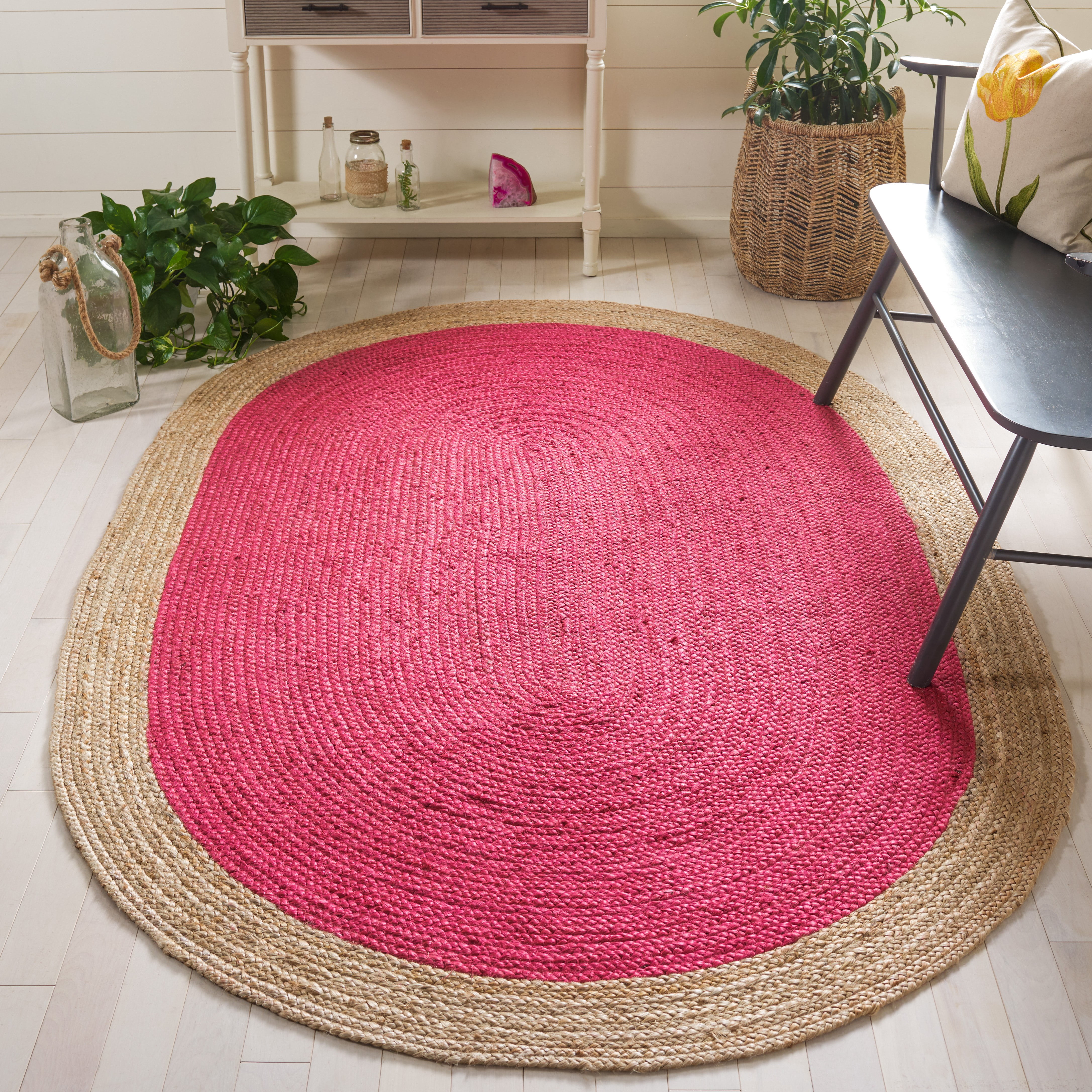 SAFAVIEH Natural Fiber Cebrail Geometric Area Rug, Fuchsia/Natural, 8' x 10' Oval