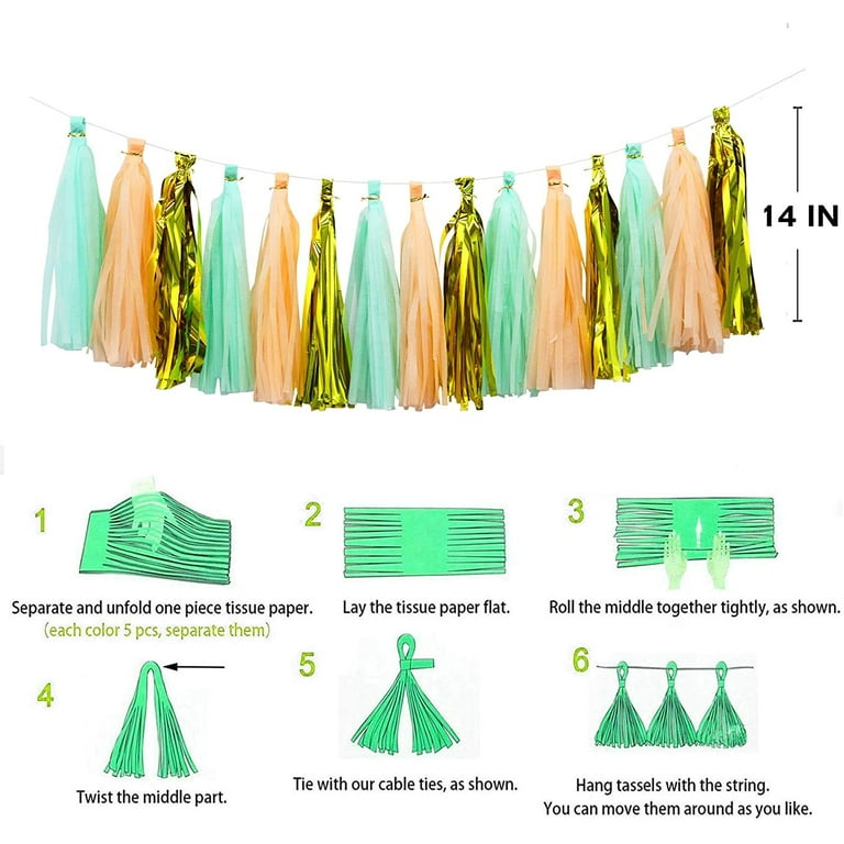  Green Garland, Tissue Paper Party Tassels (Set of 5